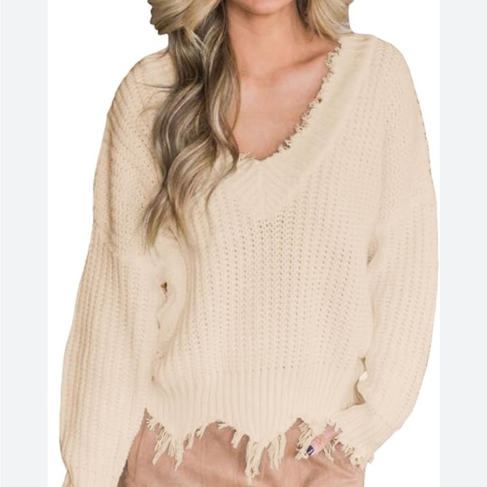 Frayed V-Neck Sweater in Cream by Full Circle Trends